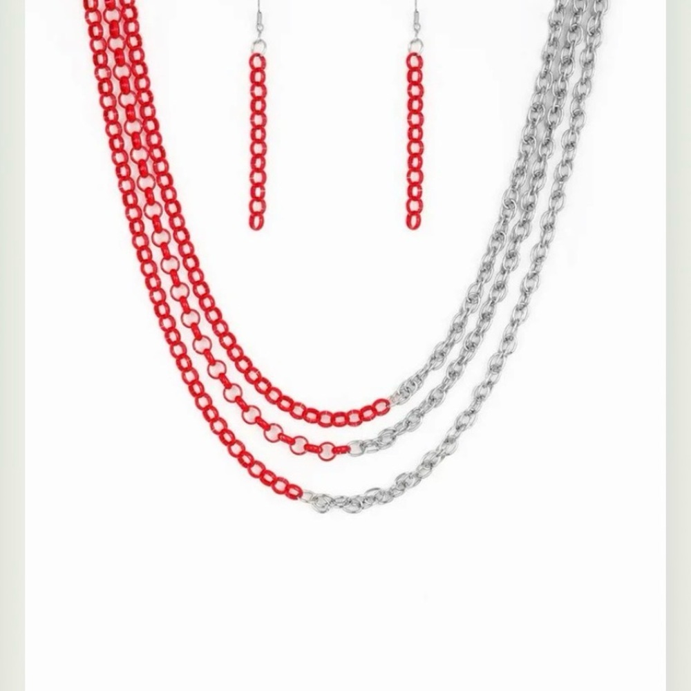 Paparazzi Red and Silver Chain Necklace Set